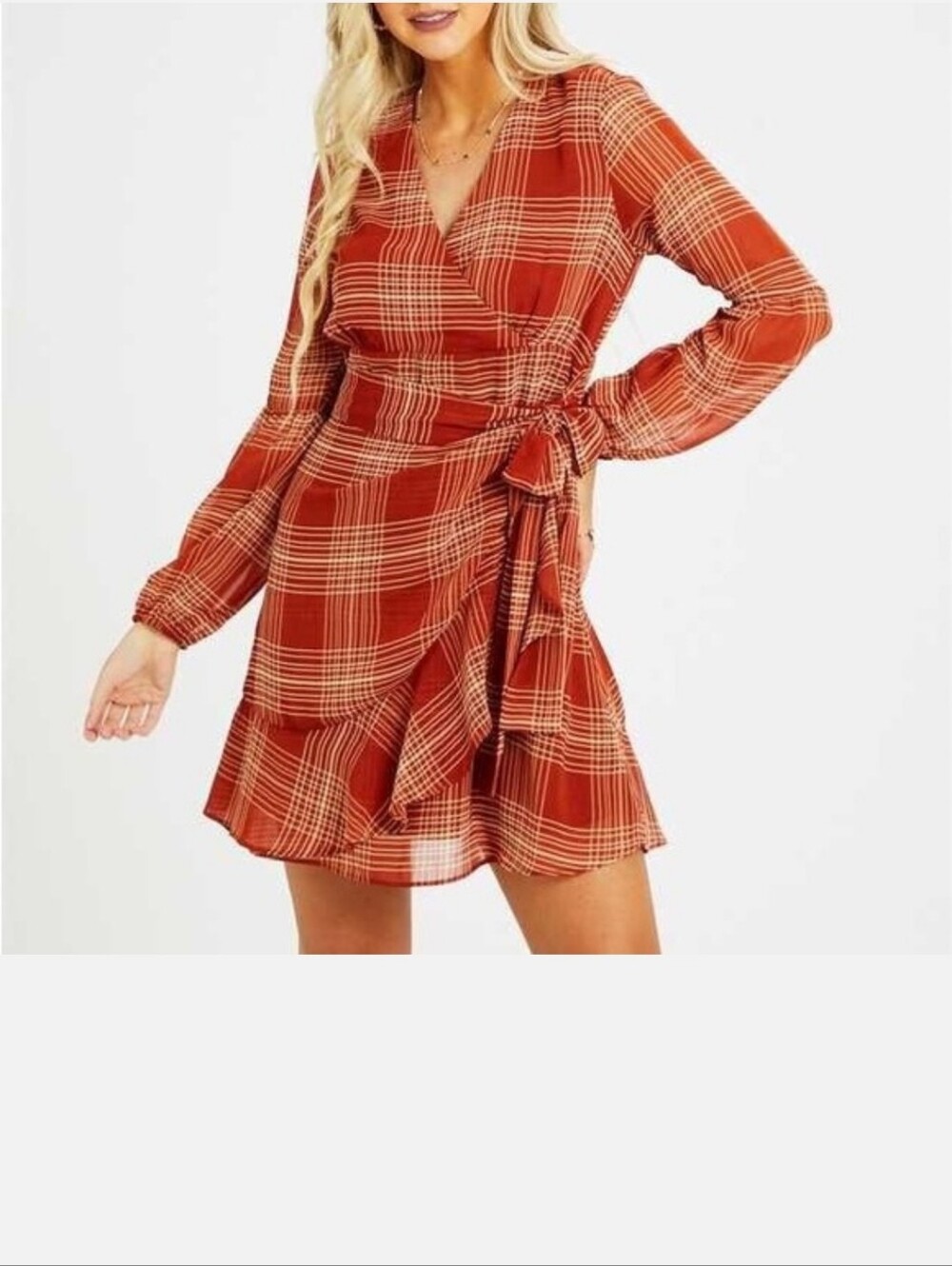 Altar'd State Rust Plaid Wrap Mini Dress